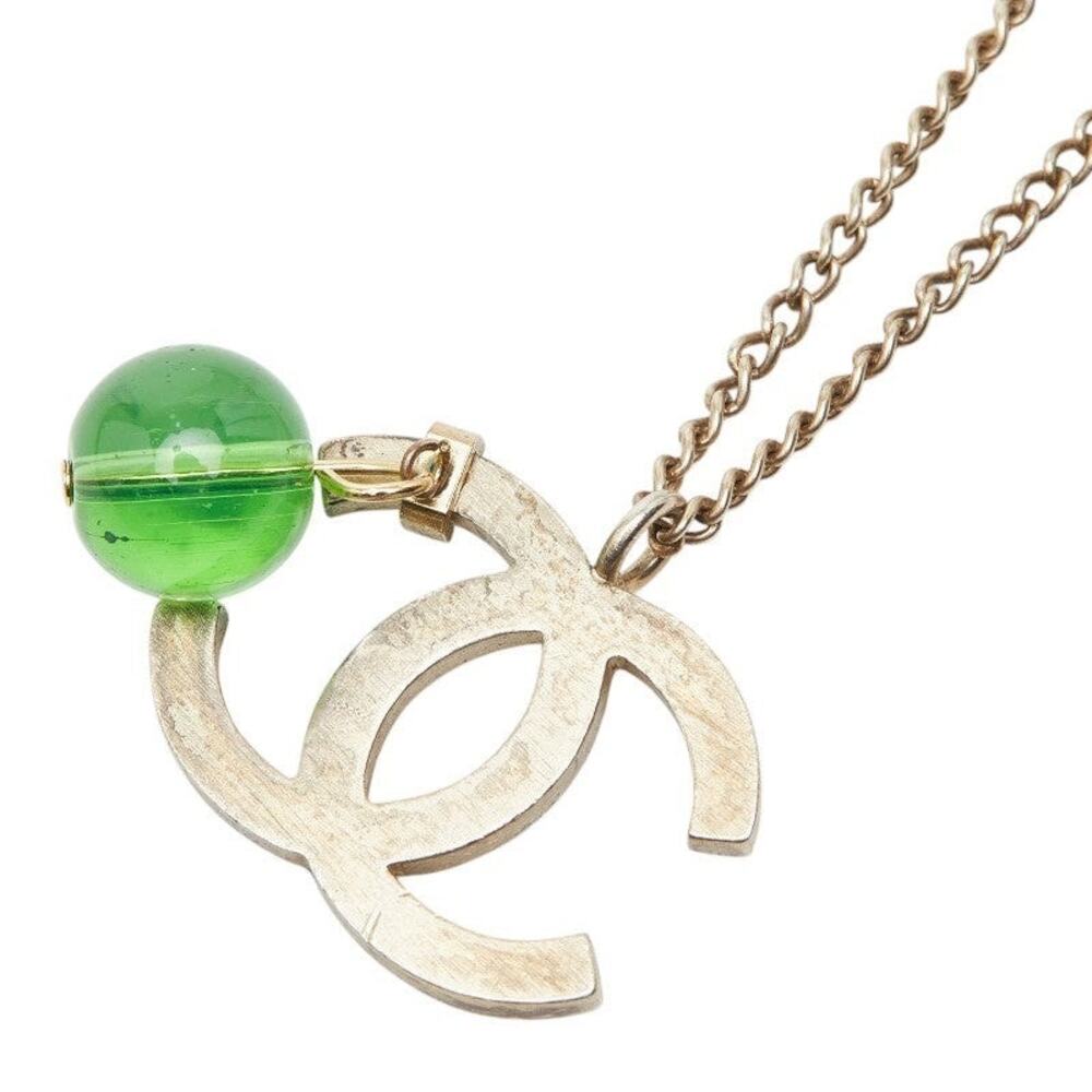 Chanel CC Logo Color Stone Necklace Silver Green